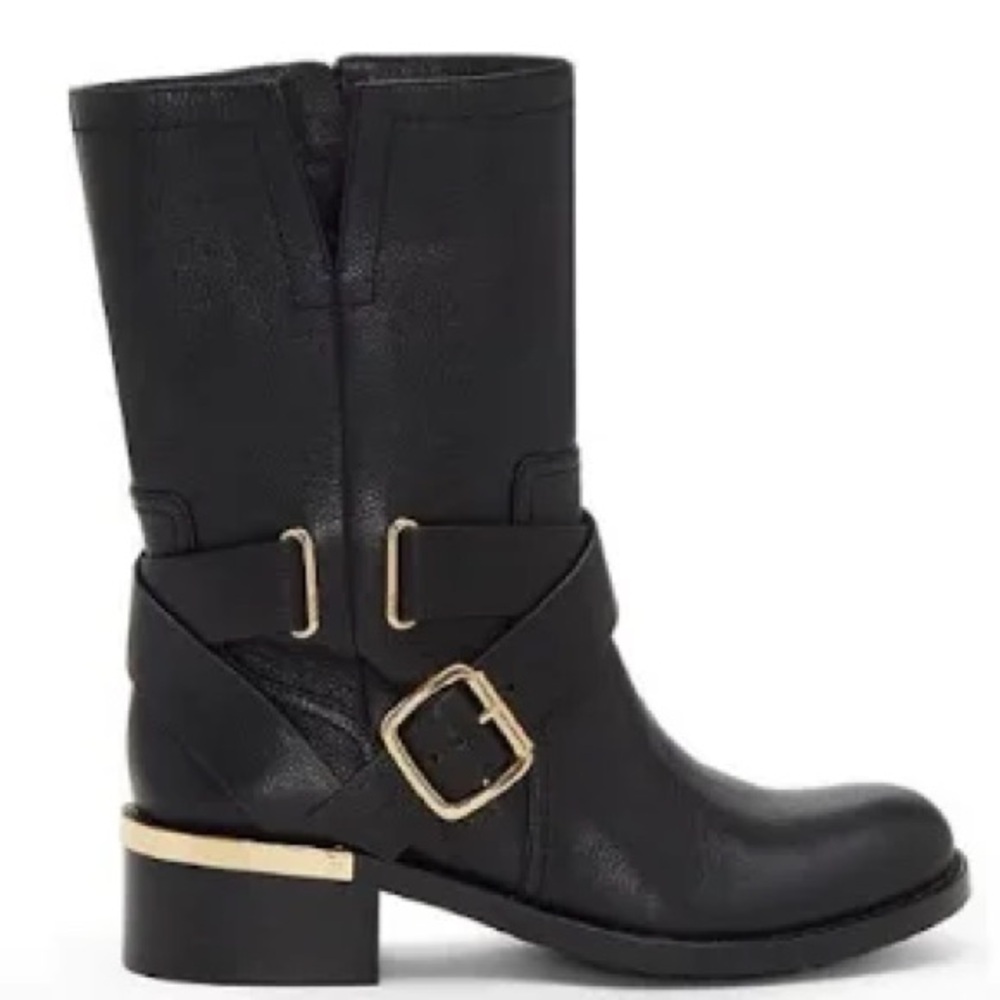 Woman’s Vince Camuto Wethima Moto Boot-Black with Gold Hardware-Size 8.5